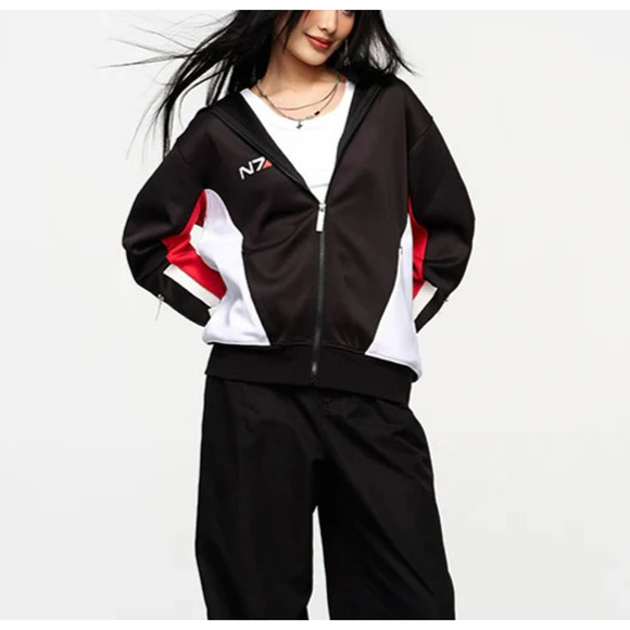 Mass Effect Bioware N7 Custom Women's Hoodie Jacket Sz Medium Full Zip Black Red - Picture 1 of 14
